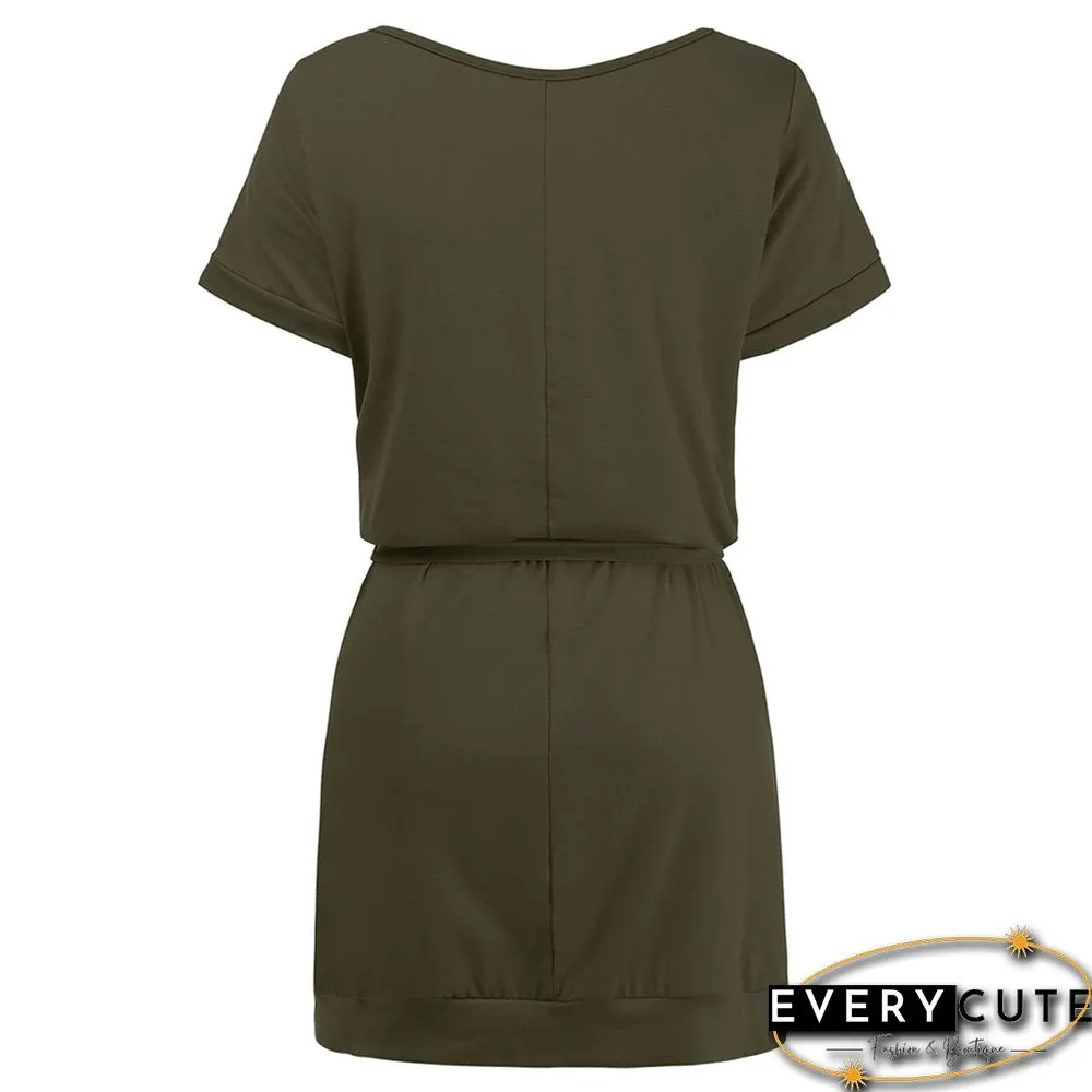 Army Green Solid Tie Waist Short Sleeve Mini Dress