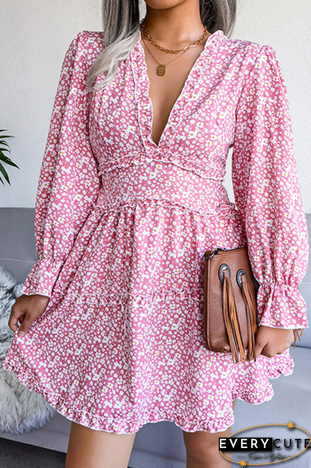 Casual Elegant Floral Split Joint Stringy Selvedge V Neck Waist Skirt Dresses