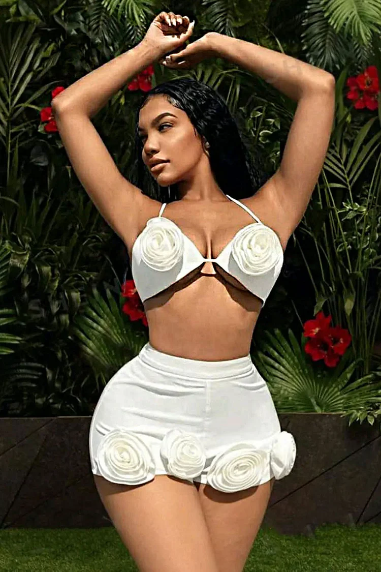 Rosette Halter Bikini Top Slim-Fit Shorts Vacay 2pcs Set-White [Pre Order]