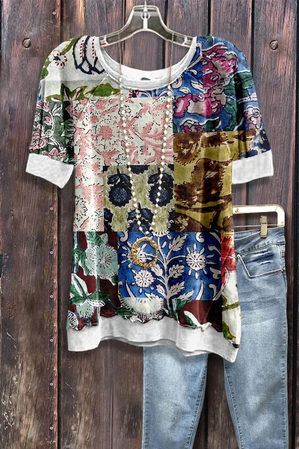 Mixed Fabric Print Short Sleeve Sweatshirt
