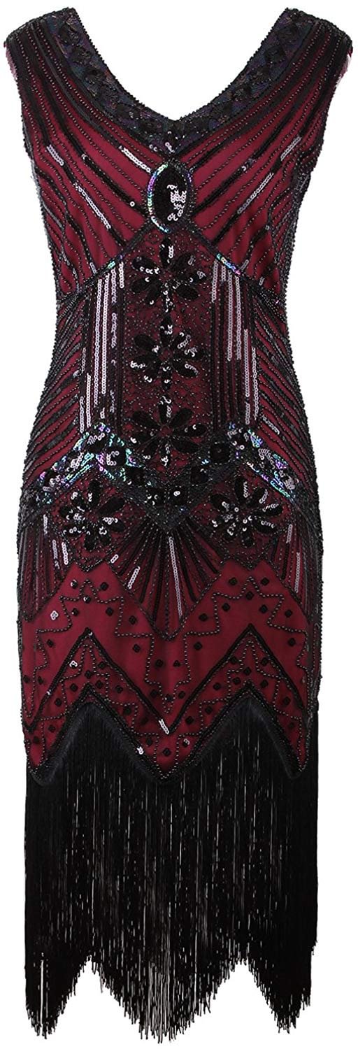 Women 1920s Gastby Sequin Art Nouveau Embellished Fringed Flapper Dress