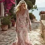 Vintage Boho Pink Floral Embroidered Glitter Flowy Maxi Dress - Image 2
