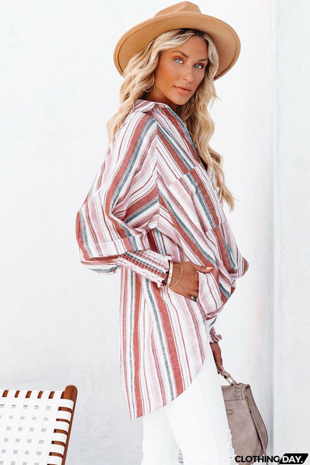 Pocketed Striped Button Shirt with Slits