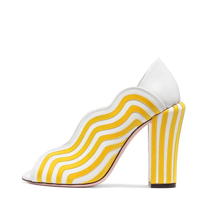 Yellow Stripes Peep Toe Heels Pumps Women's Block Heels |FSJ Shoes