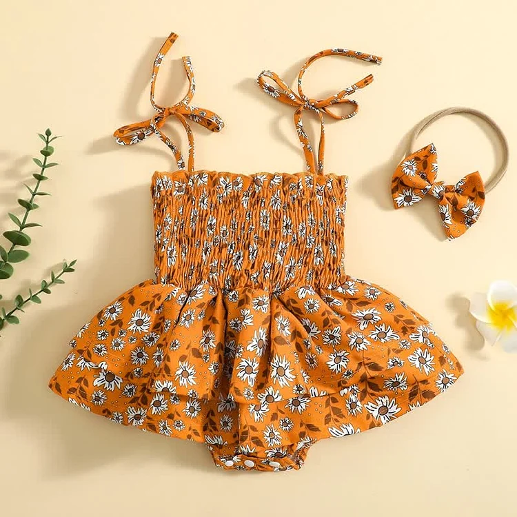 Baby Floral Strap Skirted Bodysuit with Headband