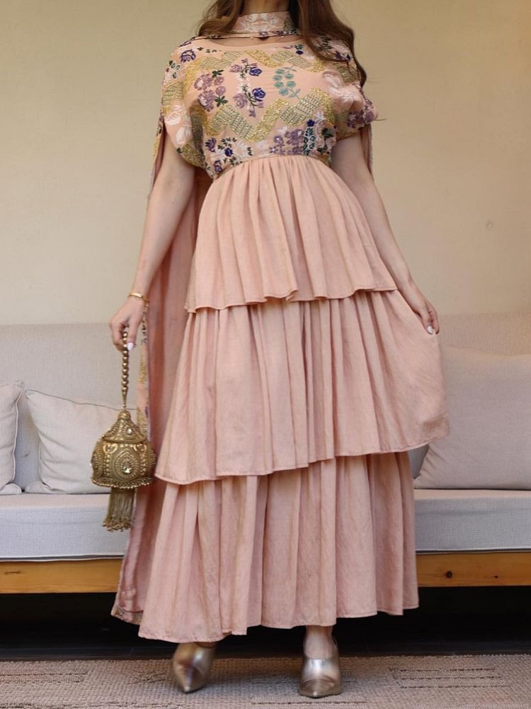 Layer Design Flowers Embroidery Cloak Dress