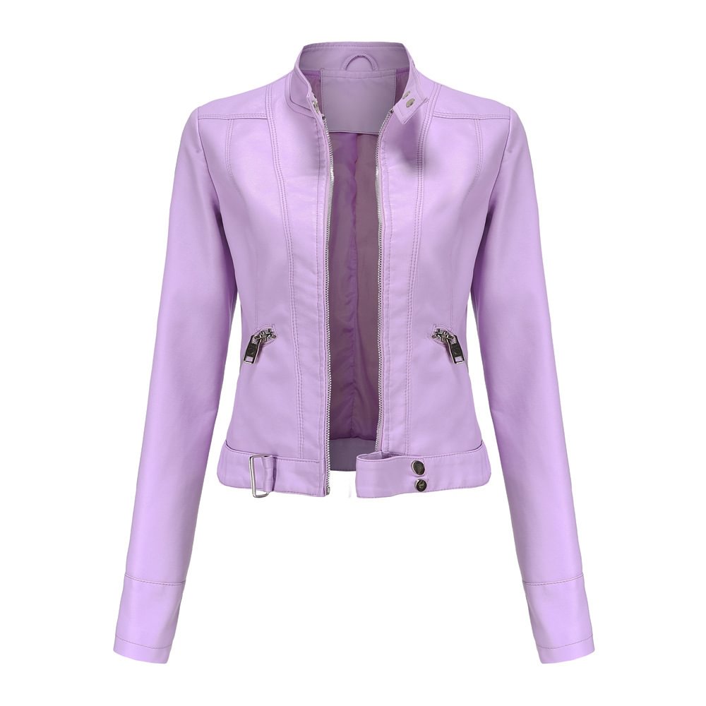 Women's Short Leather Coat Stand Collar Lady Jacket