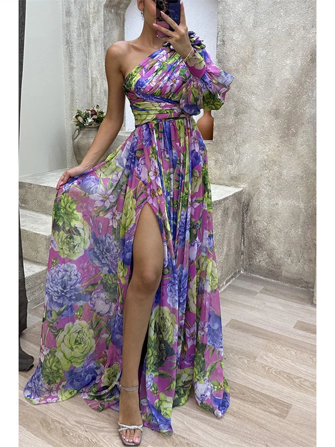Style & Comfort for Mature Women Women Floral One Shoulder Sexy Long-sleeved dress Maxi Dress