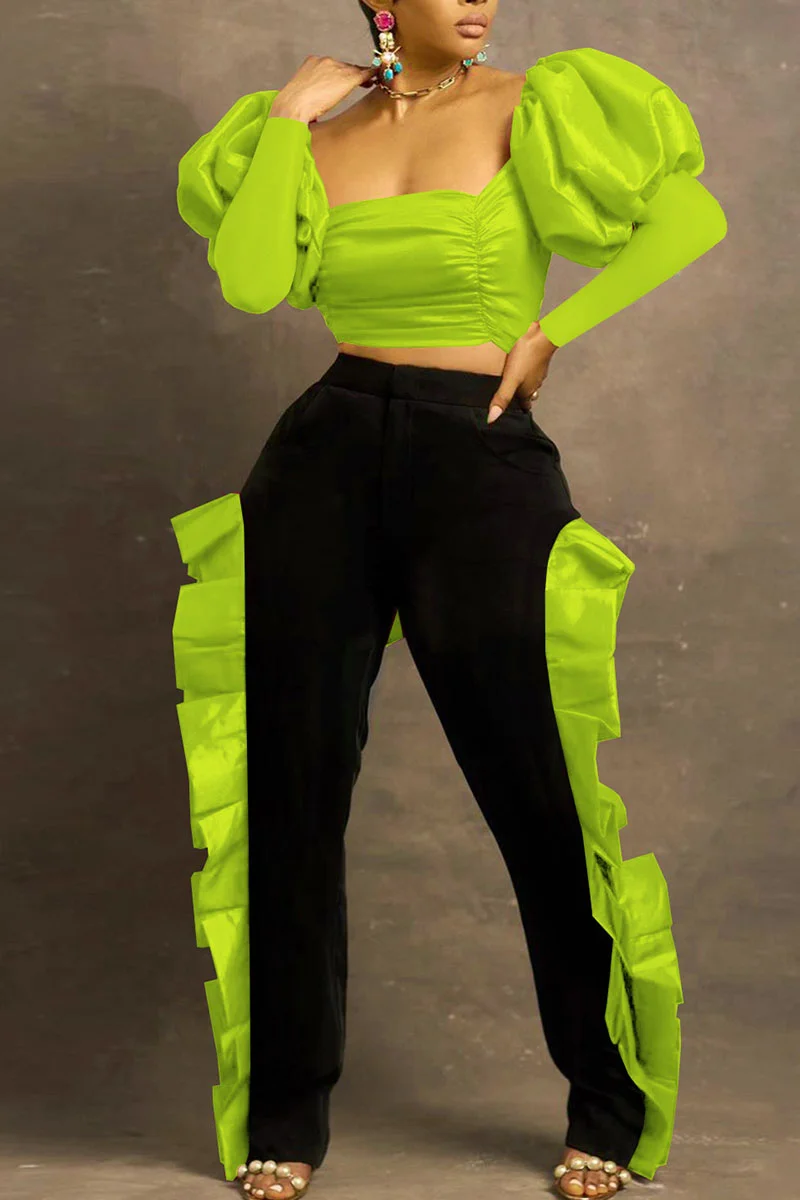 Fluorescent Green Sexy Solid Patchwork Flounce Fold Square Collar Long Sleeve Two Pieces | EGEMISS