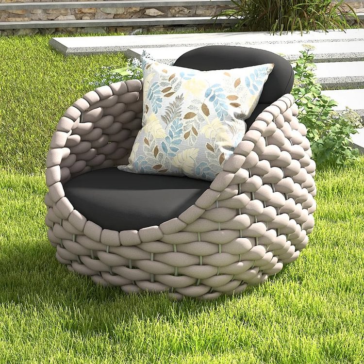 Homemys 1 Seater Modern Woven Textiles Rope Outdoor Sofa with Removable Cushion Pillow in Gray