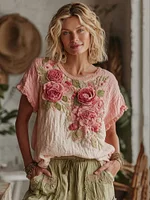 Women's Vintage Rose Floral Gradient Art Linen Comfy T-shirt