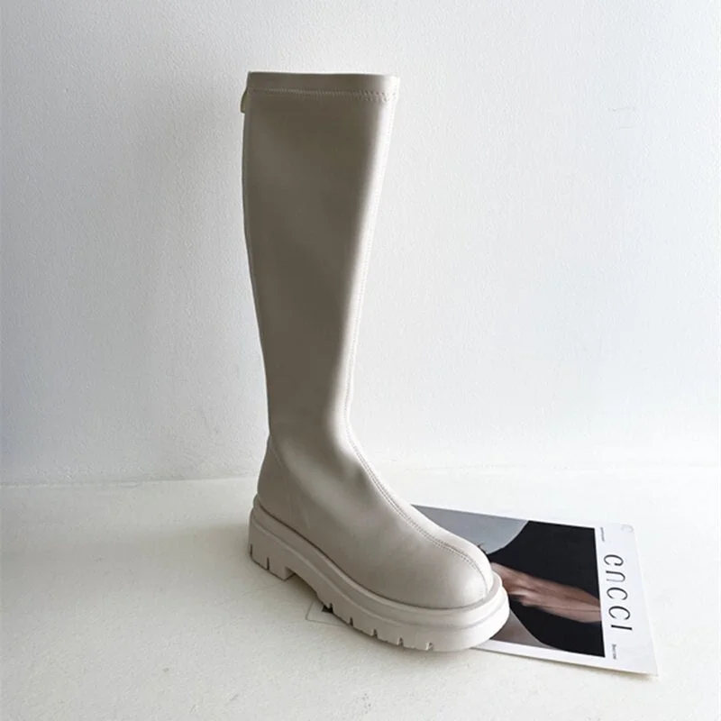 2022 Women Ankle Boots Ladies Shoes Slip on Mid Calf Boots Platform Soft PU Leather Long Boot Footwear Woman Fashion Winter Bota