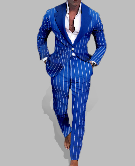 Business Notch Lapel Button Striped Blazer & Pocket Pants 2Pcs Set