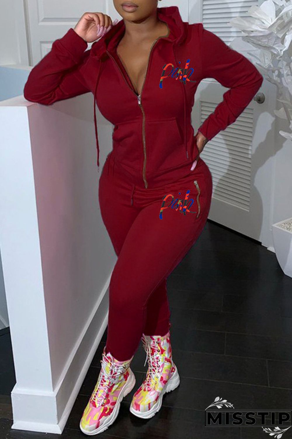 Purplish Red Fashion Casual Letter Print Patchwork Hooded Collar Long Sleeve Two Pieces