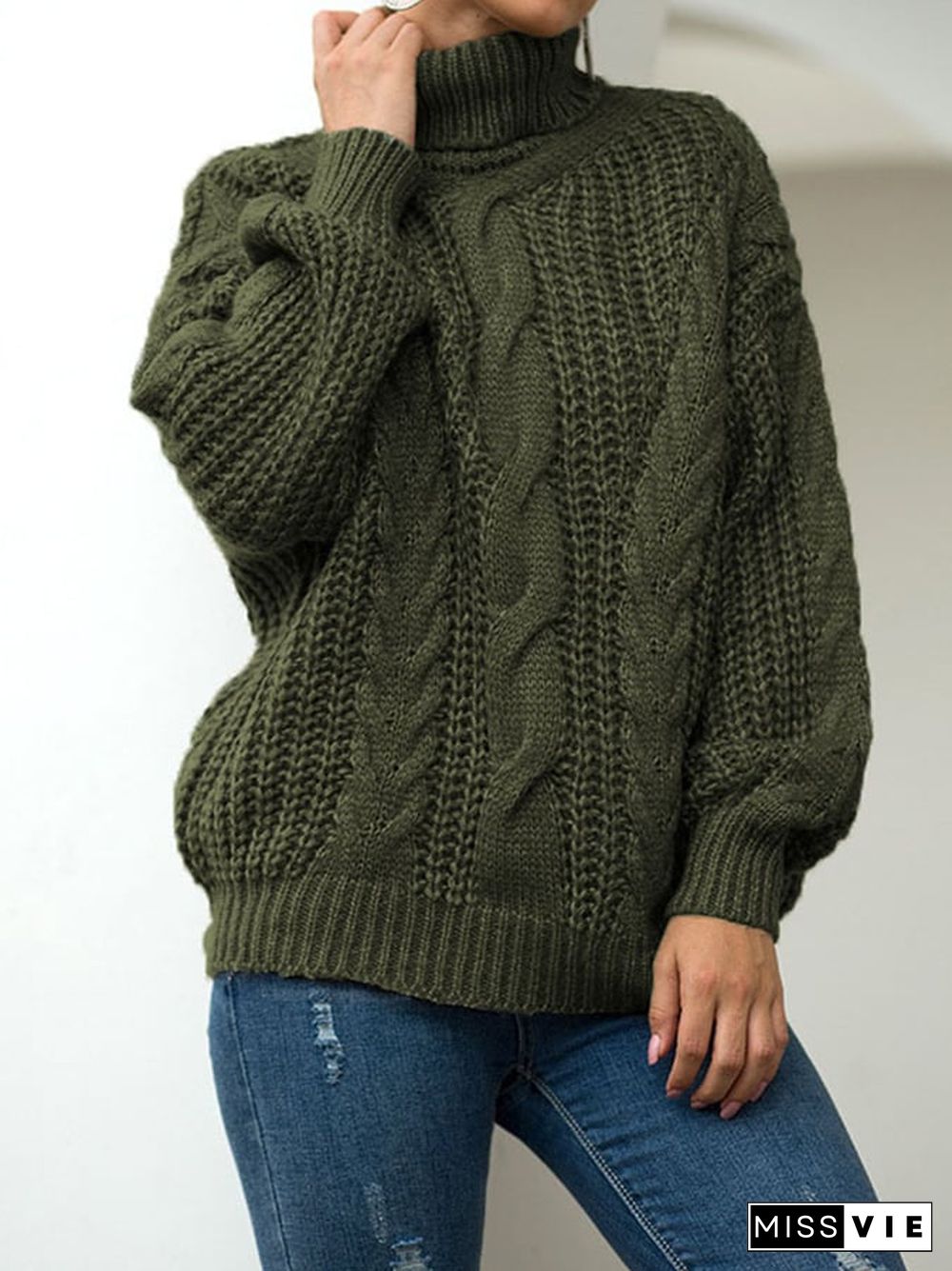 Women's Fashion Slouchy Cable Knit High Neck Pullover Sweater