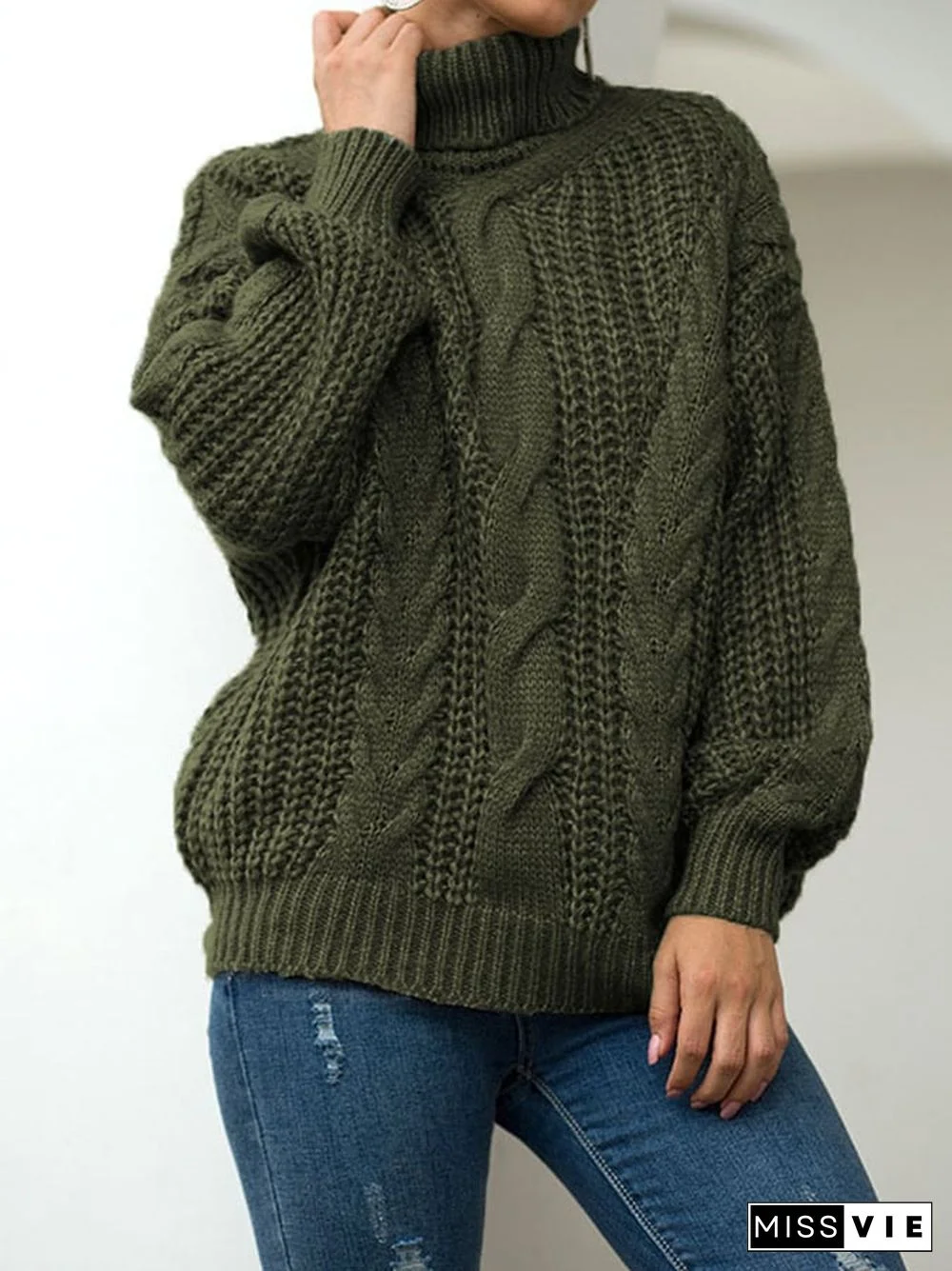 Women's Fashion Slouchy Cable Knit High Neck Pullover Sweater