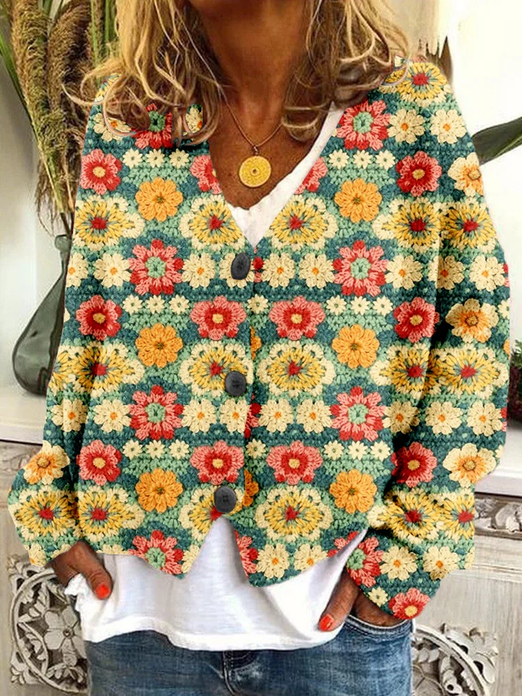 Crochet Flowers Pattern Cozy Knit Cardigan