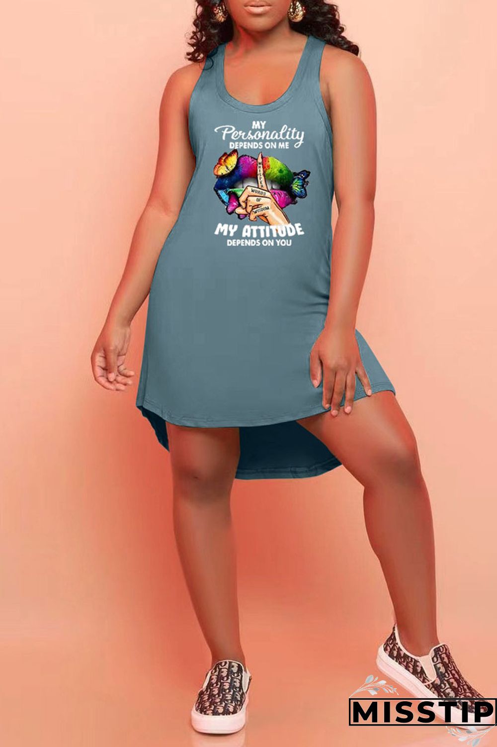 Blue Casual Print Patchwork U Neck Straight Dresses