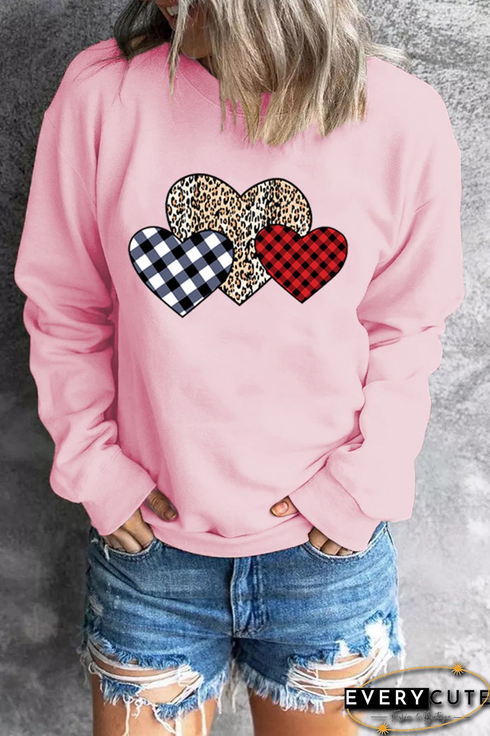 Pink Plaid Leopard Hearts Print Drop Sleeve Pullover Sweatshirt