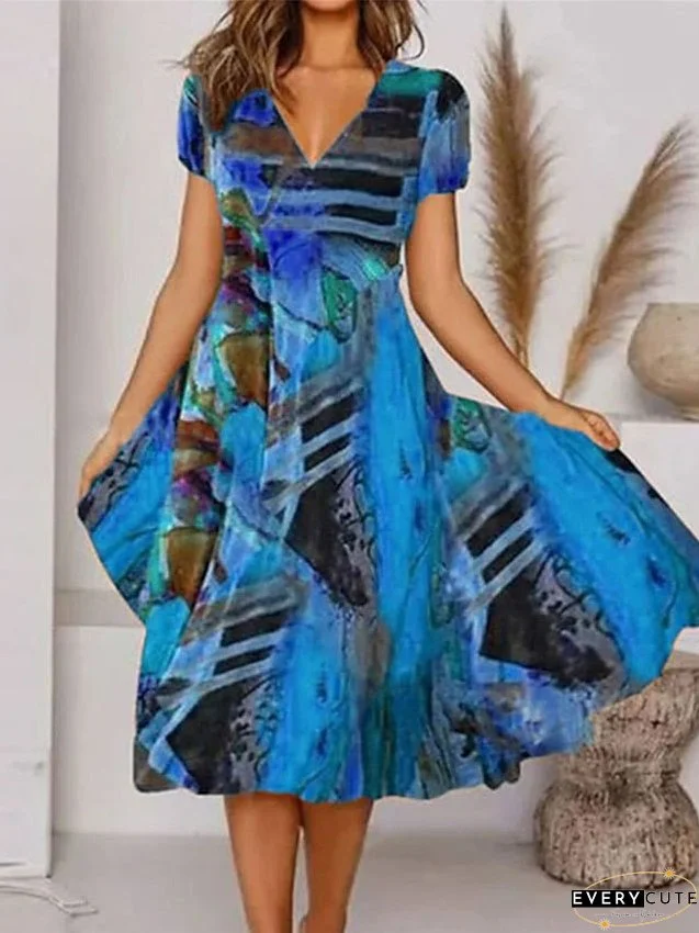 Casual Dress Swing Dress Midi Dress Blue Short Sleeve Print Print Spring Summer V Neck Vacation S M L XL XXL 3XL for Women