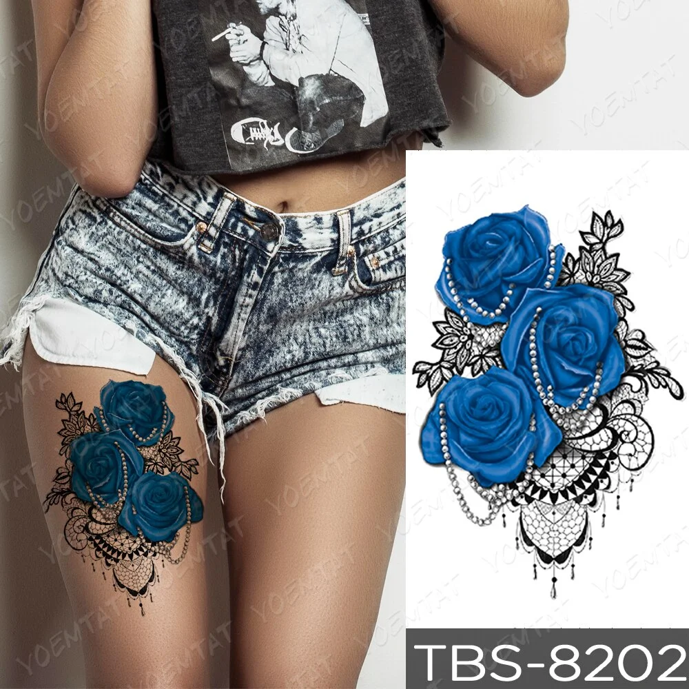 Waterproof Temporary Tattoo Sticker Blue Rose Lace Mandala Henna Flash Tattoos Tiger Butterfly Body Art Arm Fake Tatoo Women Men