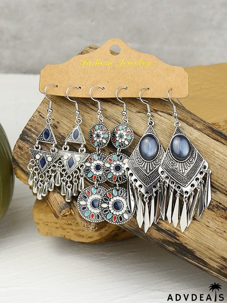 3pairs Stone Decor Drop Earrings