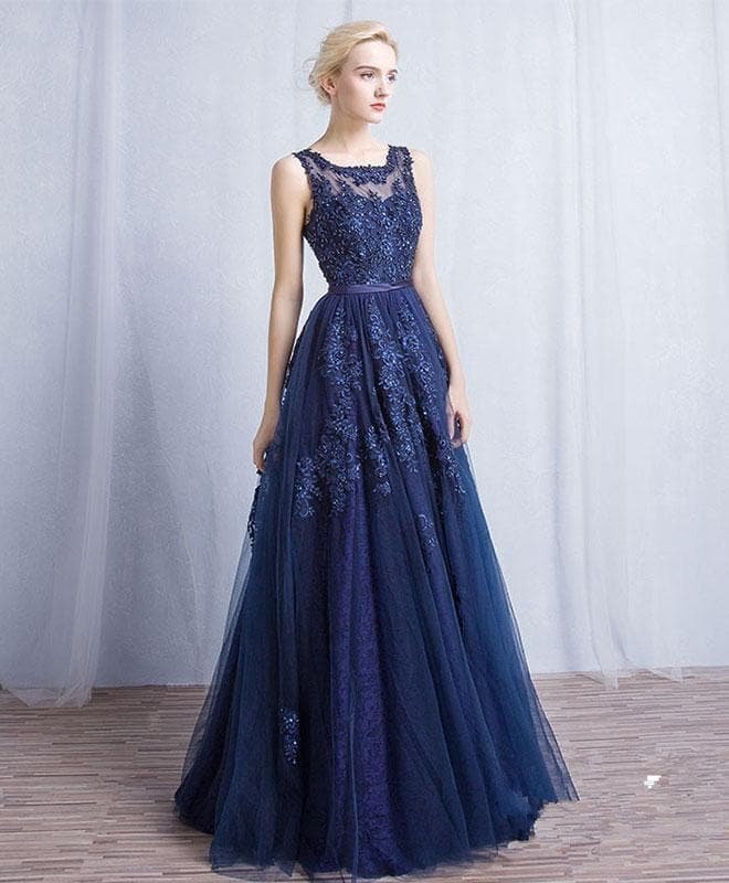 Dark Blue Round Neck Tulle Lace Applique Long Prom Dress