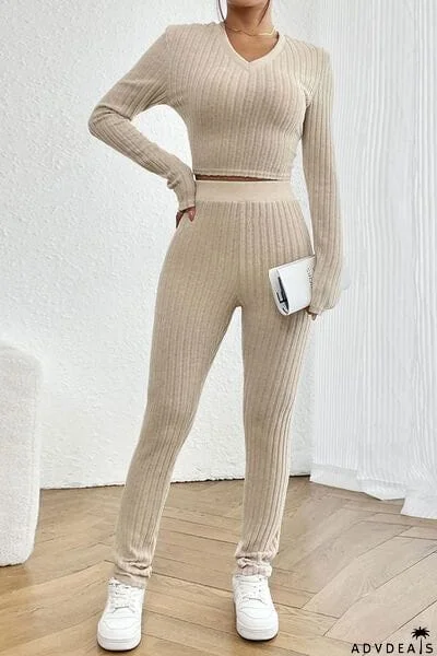 Ribbed V-Neck Long Sleeve Cropped Top and Pants Set