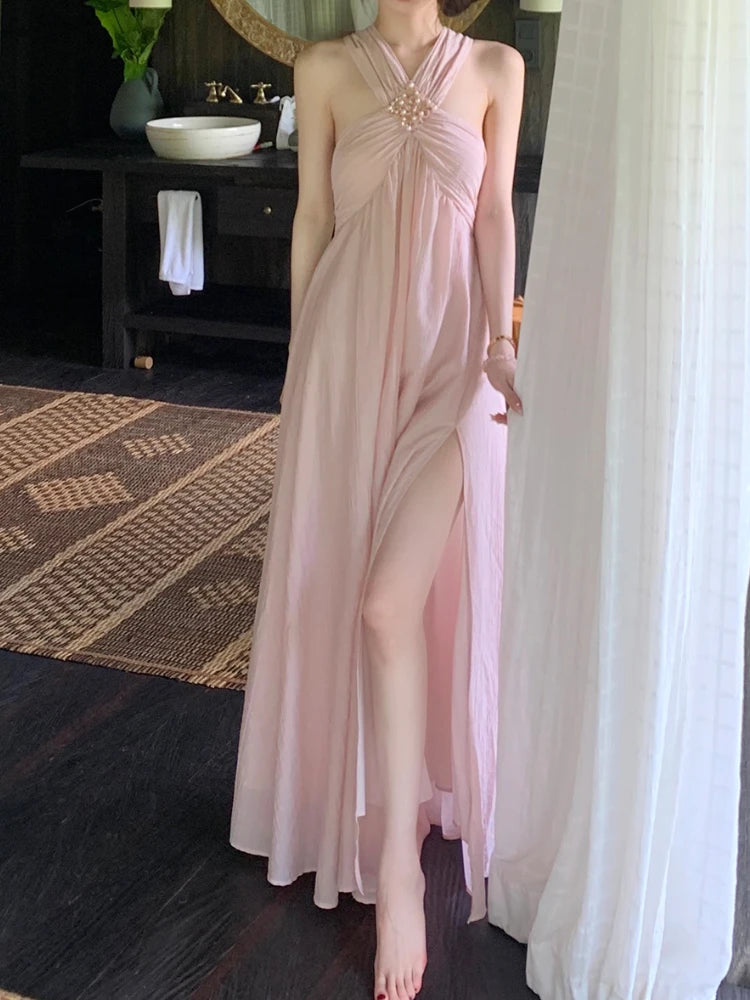 Aiertu 2024 Summer Pink Sexy Sleeveless Midi Dress Sweet Elegant Even Party Dress Beach Chiffon Korean Fashion Dress Female Design Aiertu