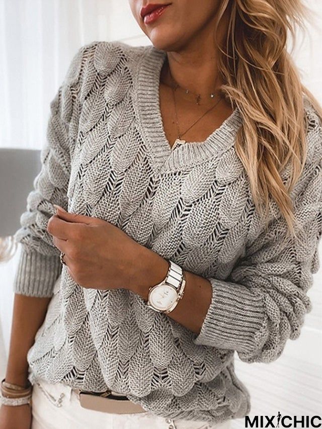Winter New Sweater Knitted Feather Hollow V-Neck Long Sleeves