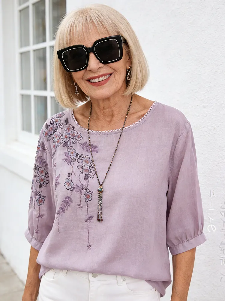 Thin Shirt Cotton and Linen Embroidered T-shirt Short Sleeve Literary and Retro Loose and Thin