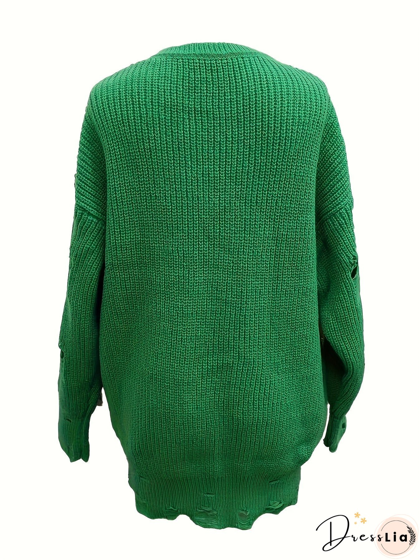 Solid Crew Neck Pullover Sweater, Casual Ripped Long Sleeve Oversized Sweater, Women's Clothing
