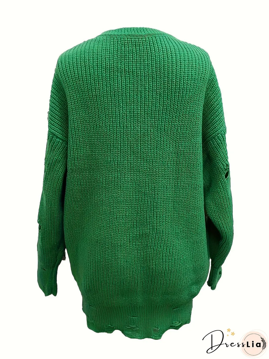 Solid Crew Neck Pullover Sweater, Casual Ripped Long Sleeve Oversized Sweater, Women's Clothing