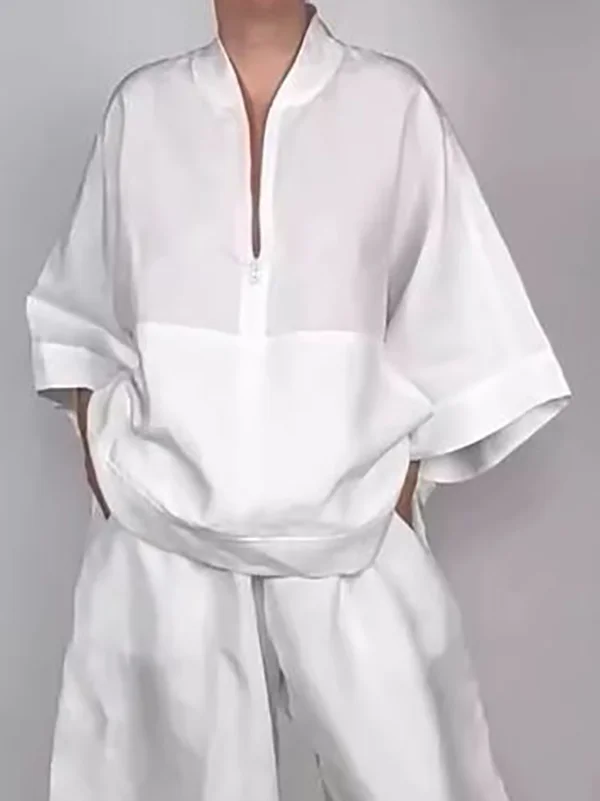 Zipper Solid Color Loose Long Sleeves V-neck Shirts Tops