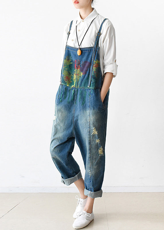 VCSHOES Blue Graffiti Denim Strap Jumpsuit Ripped Jeans Fall