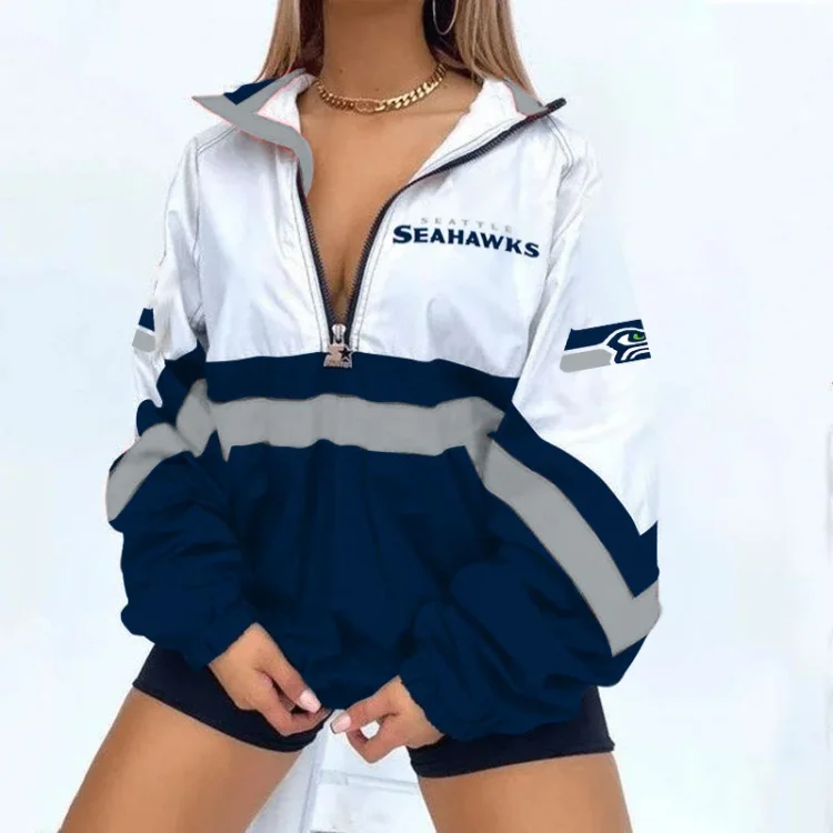 Women's Support Seattle Seahawks Football Print V Neck Zipper Sweatshirt Jacket