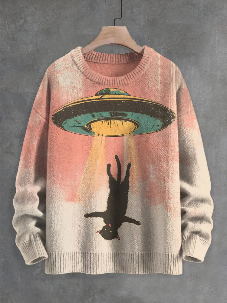 Men's Futuristic Sci-Fi Art Cat UFO Print Knit Sweatshirt