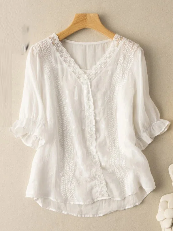 Embroidered V Neck Ruffled Short Sleeve Casual Linen Top