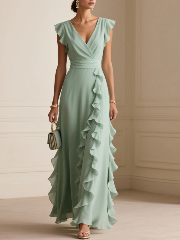 Light Green Ruffled Chiffon V Neck Cap Sleeve Ruffle Sleeve A-Line Maxi Dress