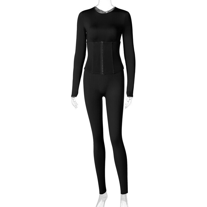Dulzura Solid Women Corset Jumpsuit Long Sleeve Patchwork Bodycon Skinny Sexy Streetwear 2020 Autumn Winter Sporty Rompers Club