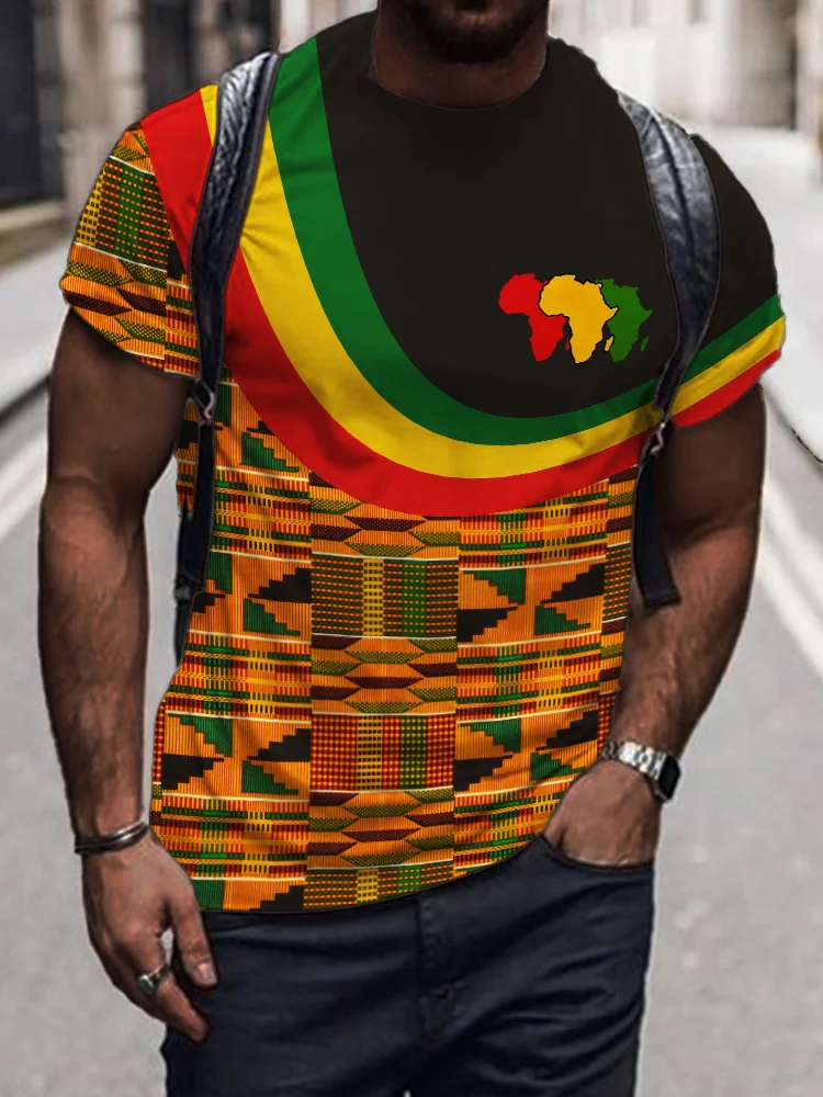 BrosWear Men's Africa Maps Ethnic Kente Rasta Contrast T Shirt