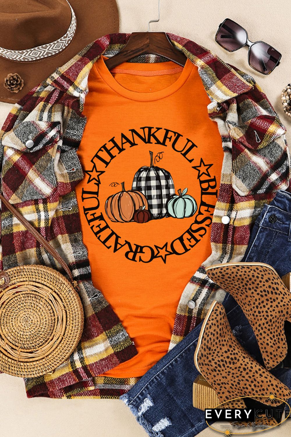 Orange Thankful Blessed Grateful Pumpkin Print Graphic T Shirt