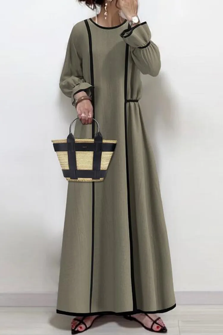 Colorblock Round Neck Long Sleeve Tied Up Daily Midi Dresses