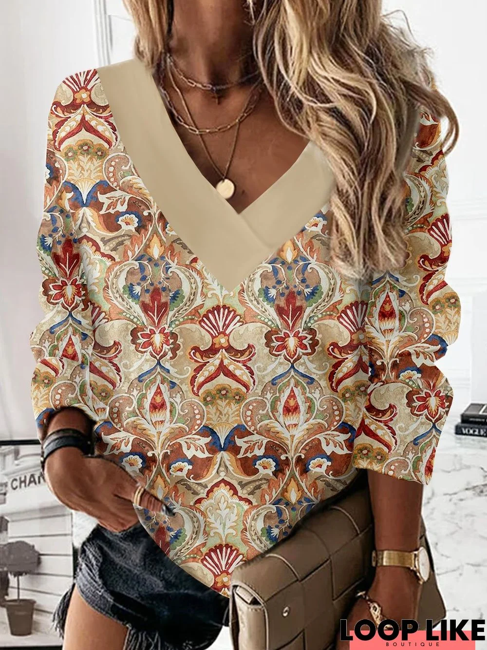 Loose Ethnic Printed Casual V Neck Sweatshirt