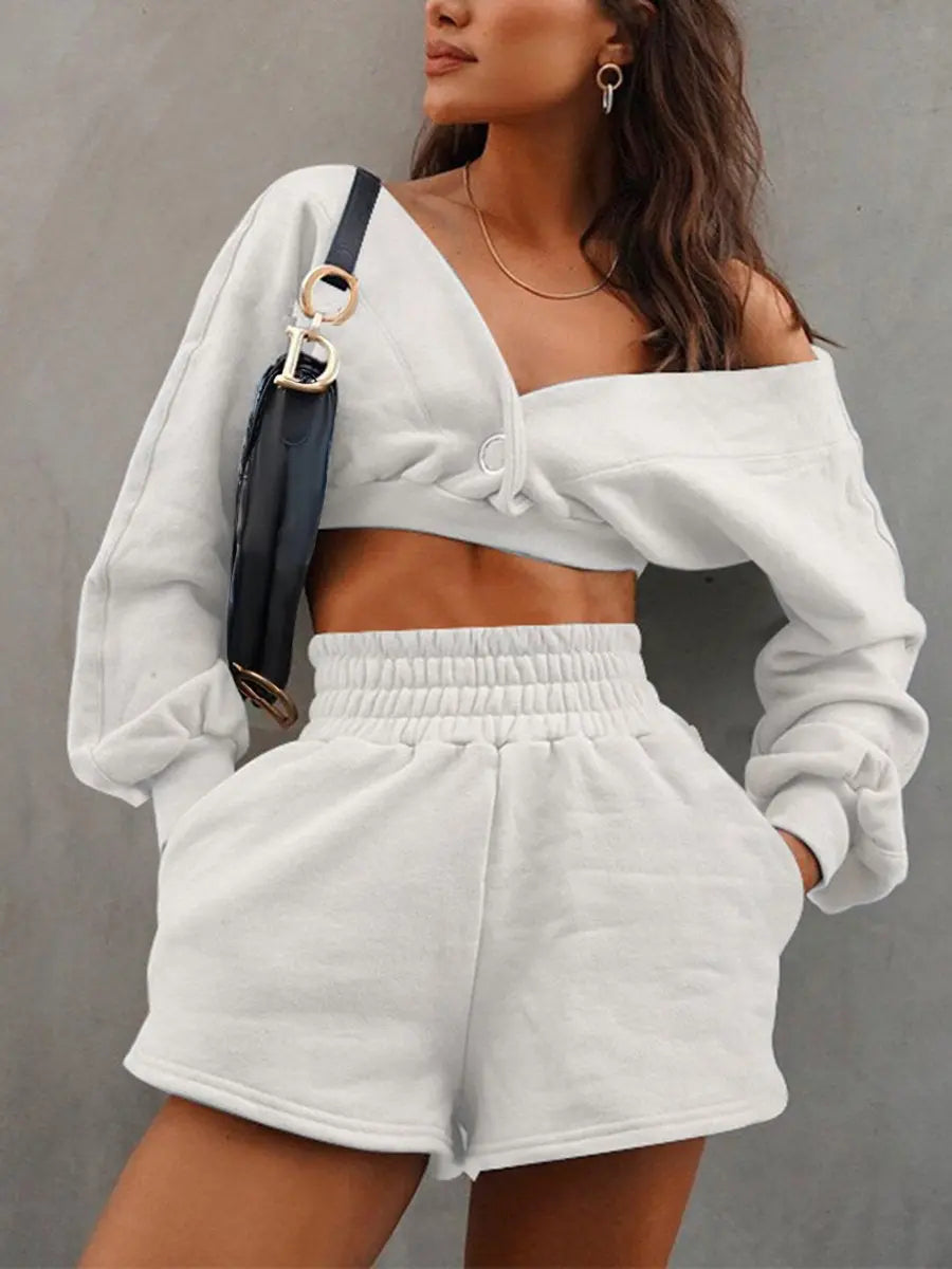 Long Sleeve V Neck  Casual Fashion Shorts Set