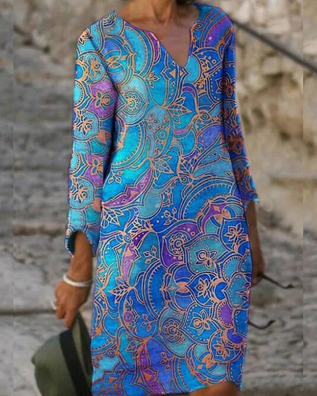 Women's Shift Dress Knee Length Dress Long Sleeve Print Fall Spring Casual Blue Red Yellow