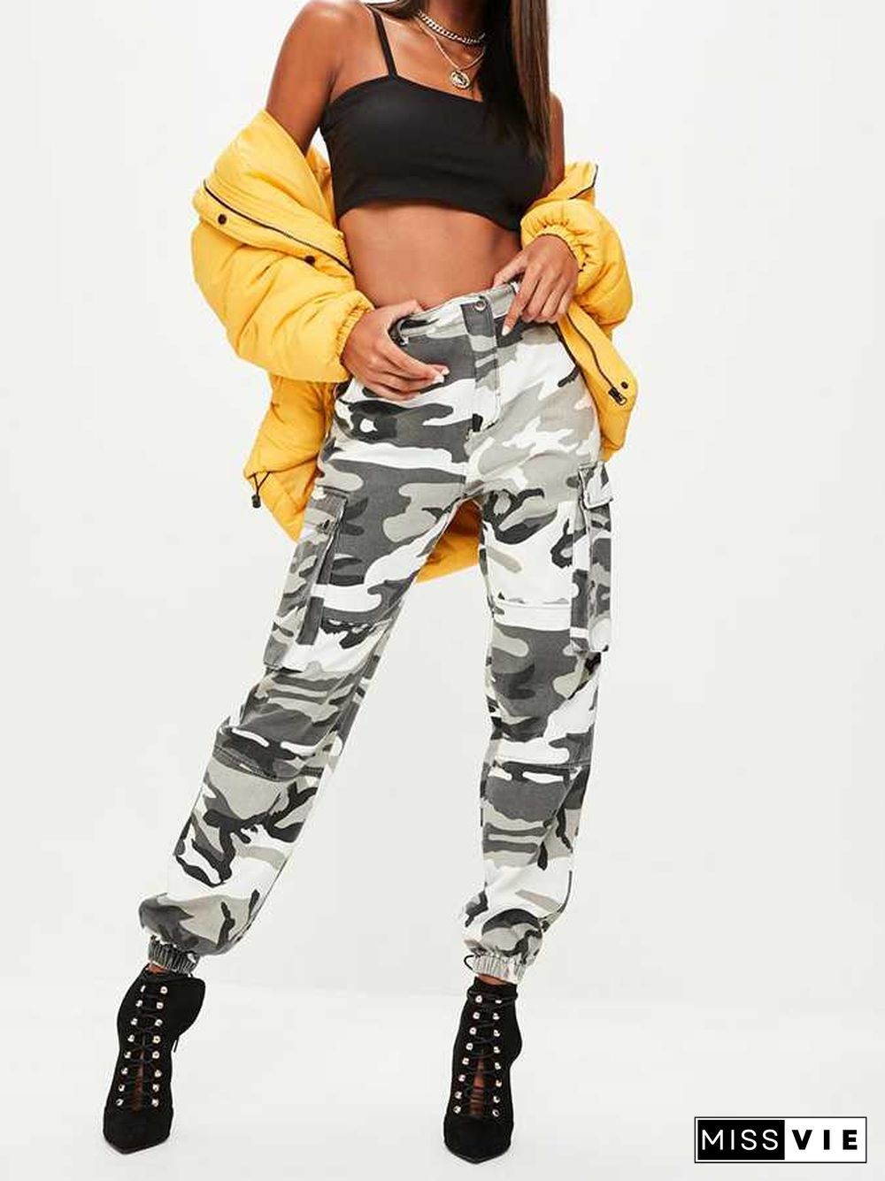 High Waisted Camouflage Cargo Trousers Camo Pants