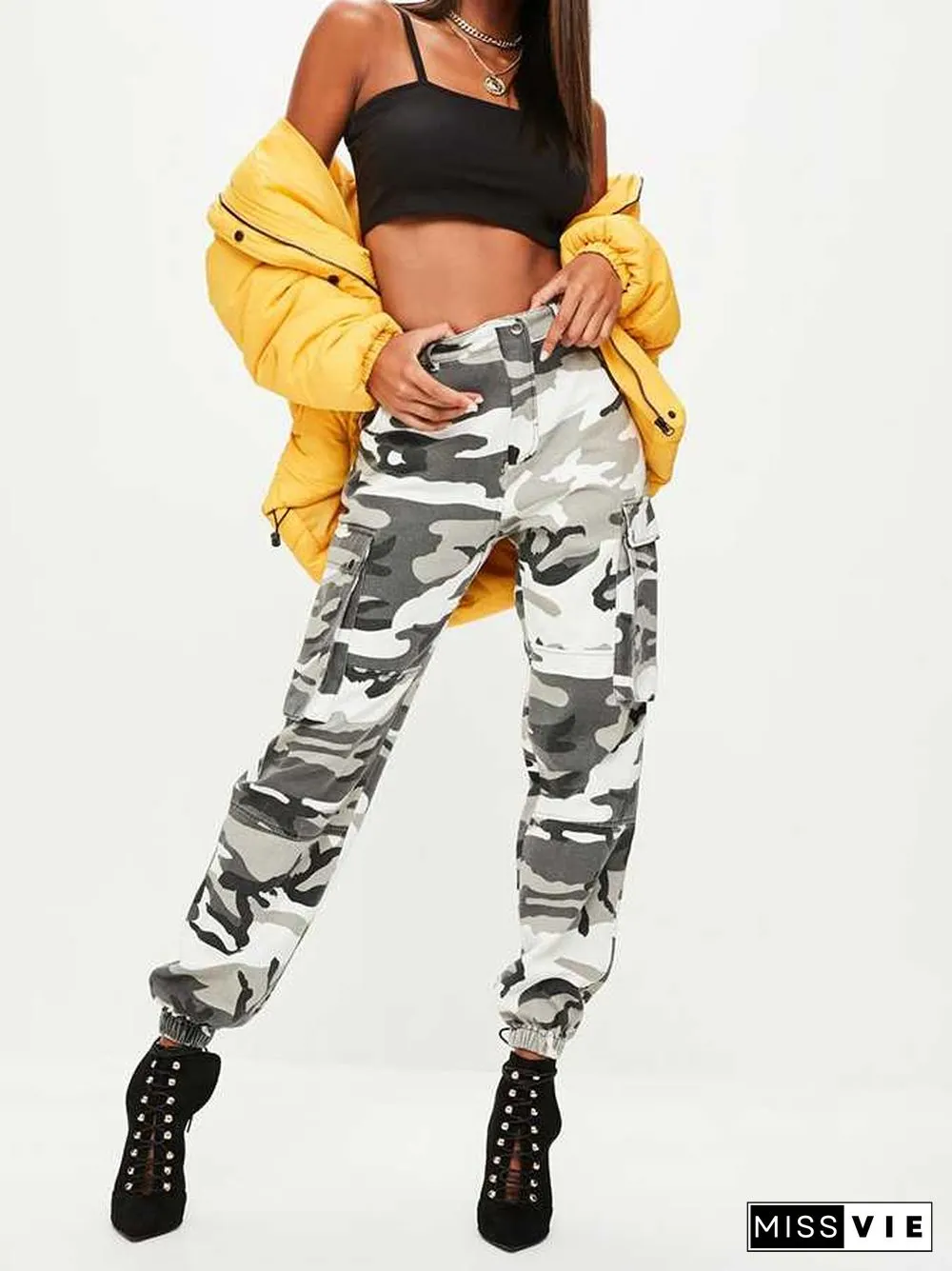 High Waisted Camouflage Cargo Trousers Camo Pants