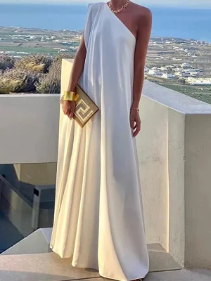 Image of Loose Asymmetric Solid Color Split-Joint One-Shoulder Maxi Dresses