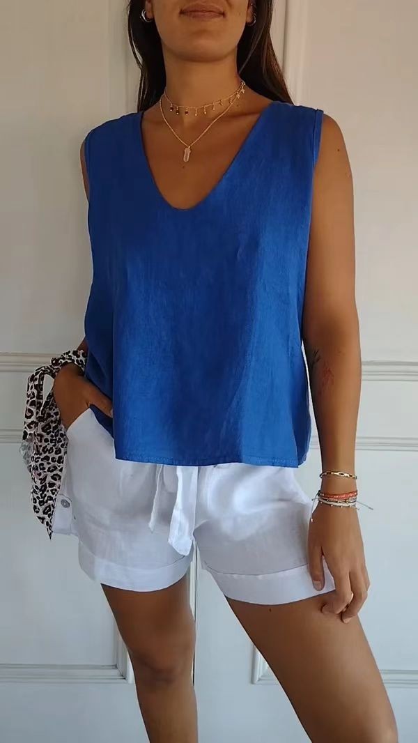 Mature Women Plus Size Summer Casual Solid Color Cotton And Linen V-neck Sleeveless Vest